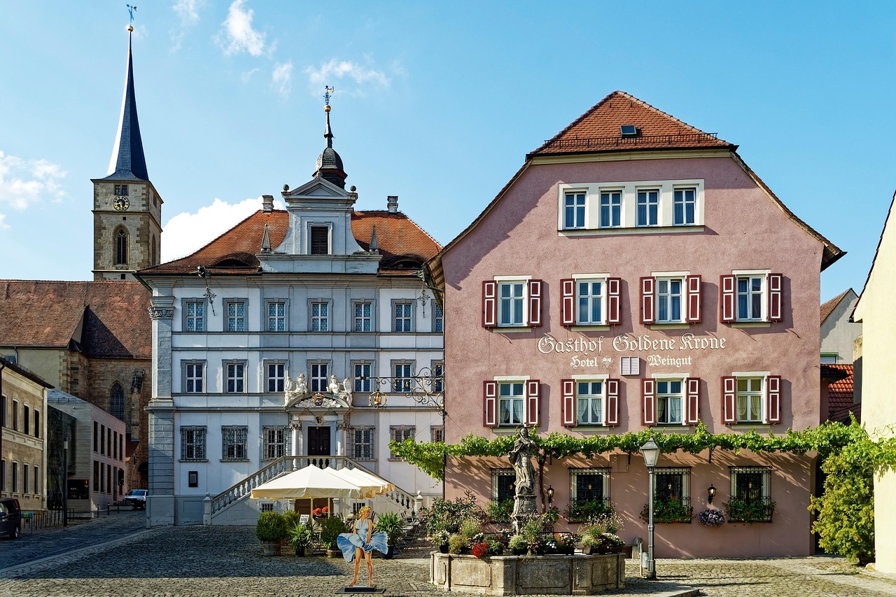germany, bavaria, swiss francs, lower franconia, iphofen, city, nature, historic center, historic centre, historical, building, church, tower, heaven, clouds, blue, to travel, tourism, sightseeing